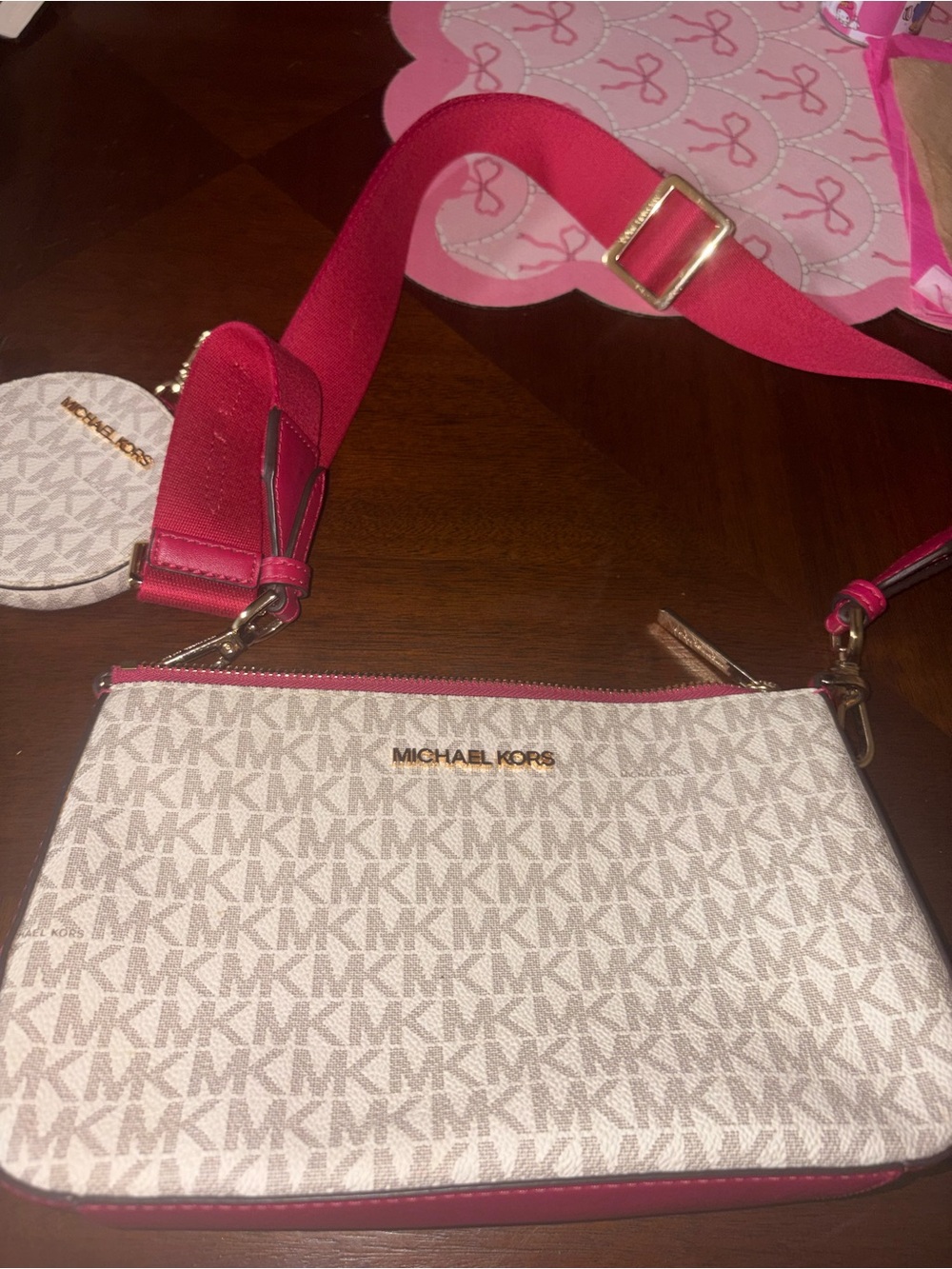 Michael Kors Beige Logo Crossbody with Bright Pink Trim lightly used